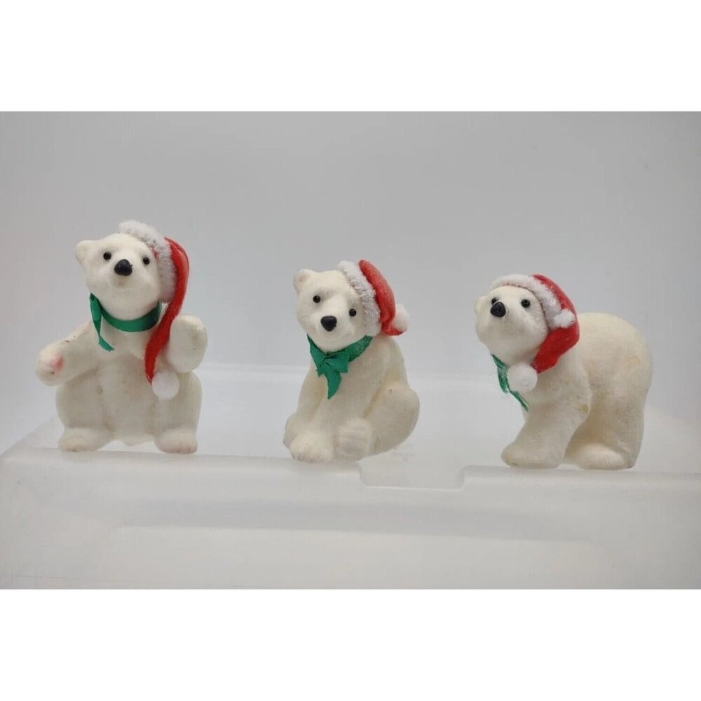 Vintage Lot Of 3 Christmas Flock Plastic Santa Hat Polar Bears Ornaments *READ